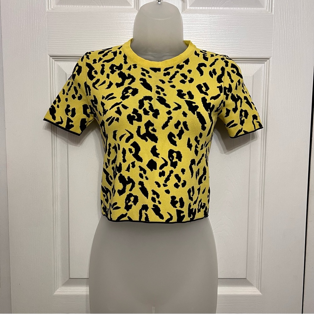 Zara Leopard Animal Print Black & Yellow Top Retro 80s Neon Knit Size Small
